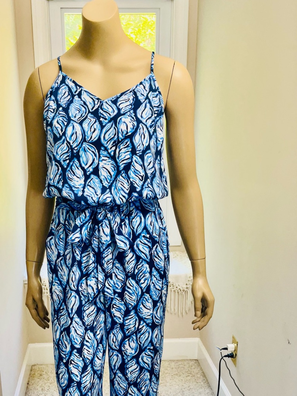Lilly Pulitzer Cobalt & White Leaf-Print Spaghetti-Strap Jumpsuit